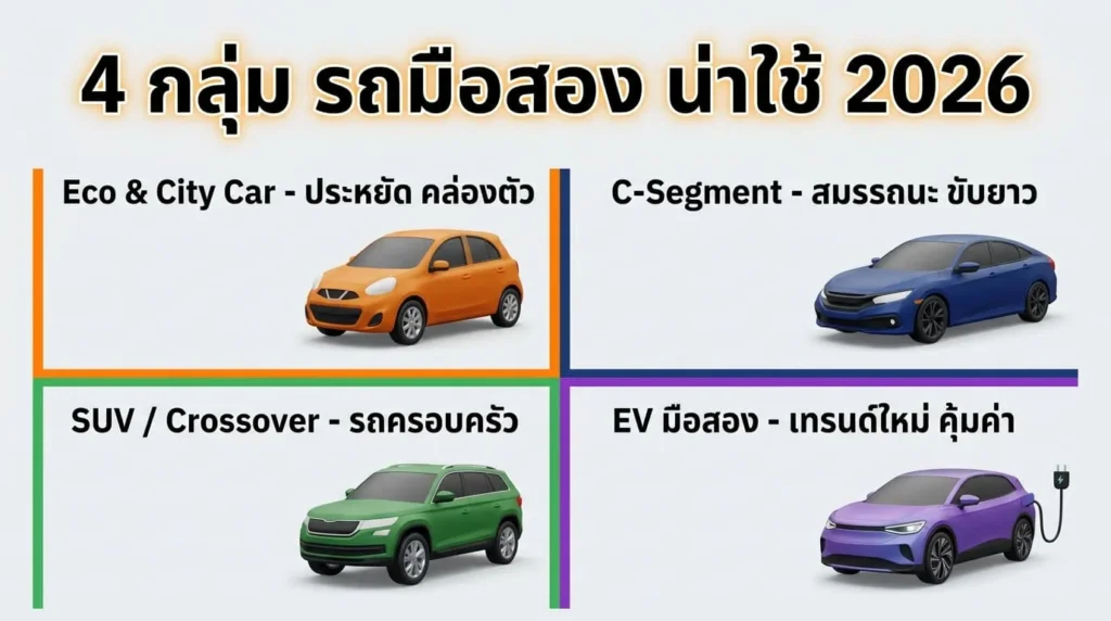 4 กลุ่ม รถมือสอง น่าใช้ 2026 (พร้อมเหตุผลจากผู้เชี่ยวชาญ)